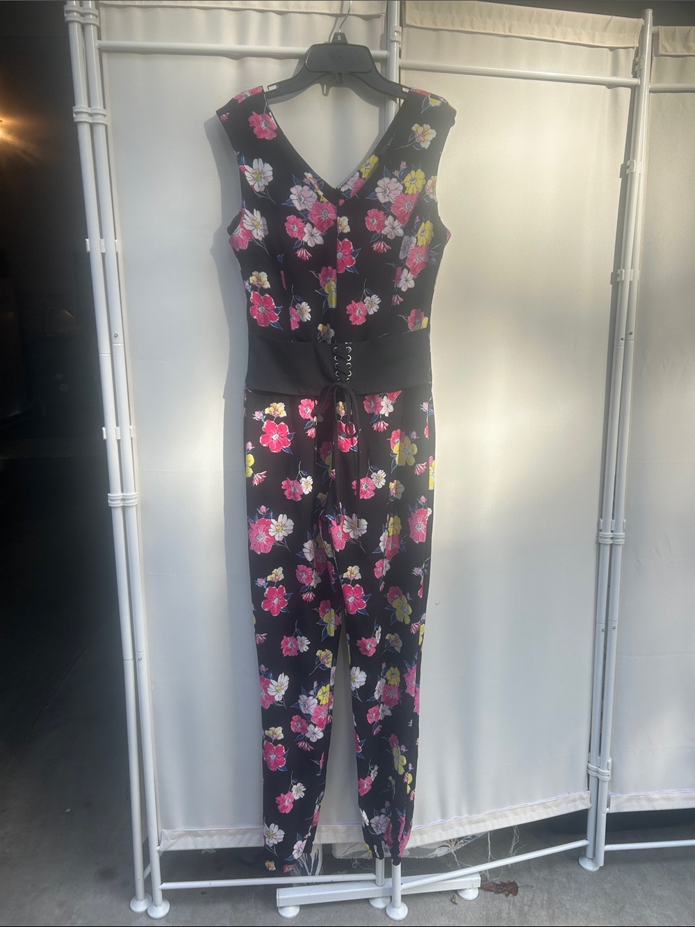 XOXO Black Floral Sleeveless Jumpsuit with Lace-Up Waist